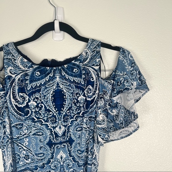 ELIZA J cold shoulder paisley waist‎ tie maxi dress blue 4 - Picture 2 of 8